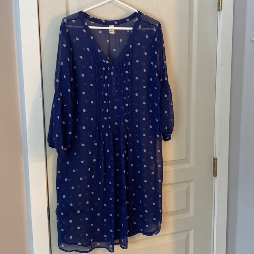Sheer navy polka dot shift dress to layer over leggings and tank top